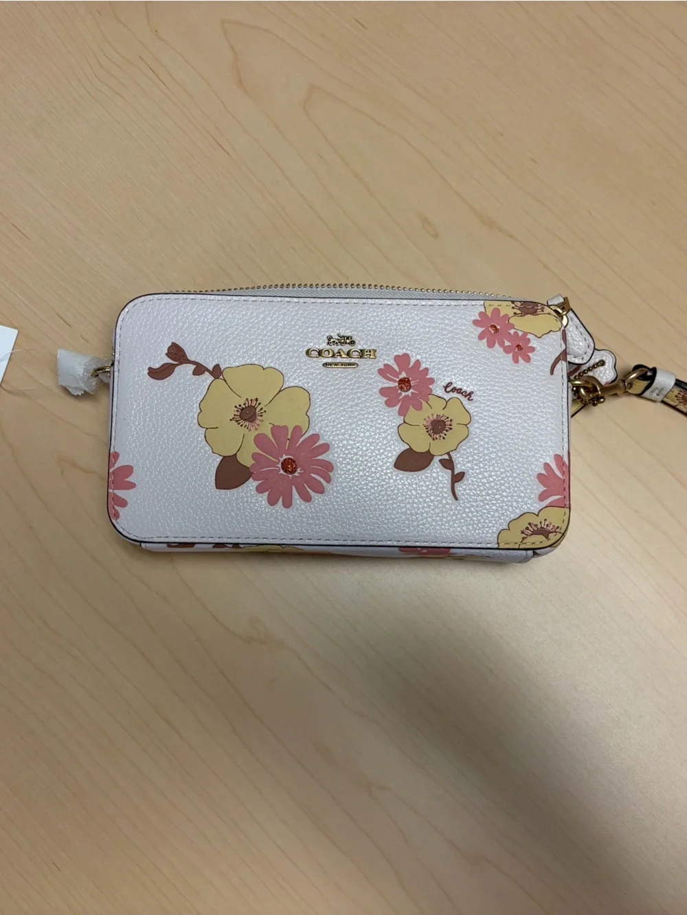 Coach White Floral Zip Wristlet with Pink & Yellow Blooms